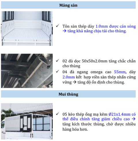 Kết cấu thùng mui bạt Thaco TF220 thùng mui bạt